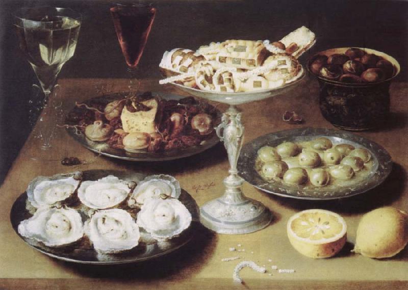 Osias Beert Style life with oysters confectionery and fruits